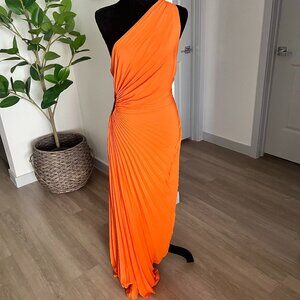 ALC Delfina Orange One Shoulder Pleated Gown Maxi Dress Size 8 Party Cocktail